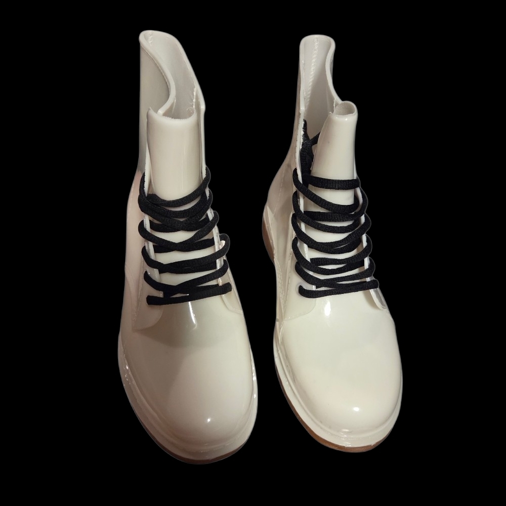 Glossy White Rain Boots with Black Laces